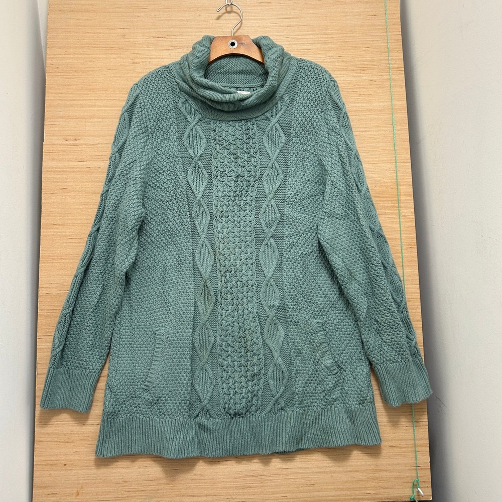 LL Bean Signature Sage Green Cable Knit Cowl Neck Sweater XL Pockets 7770